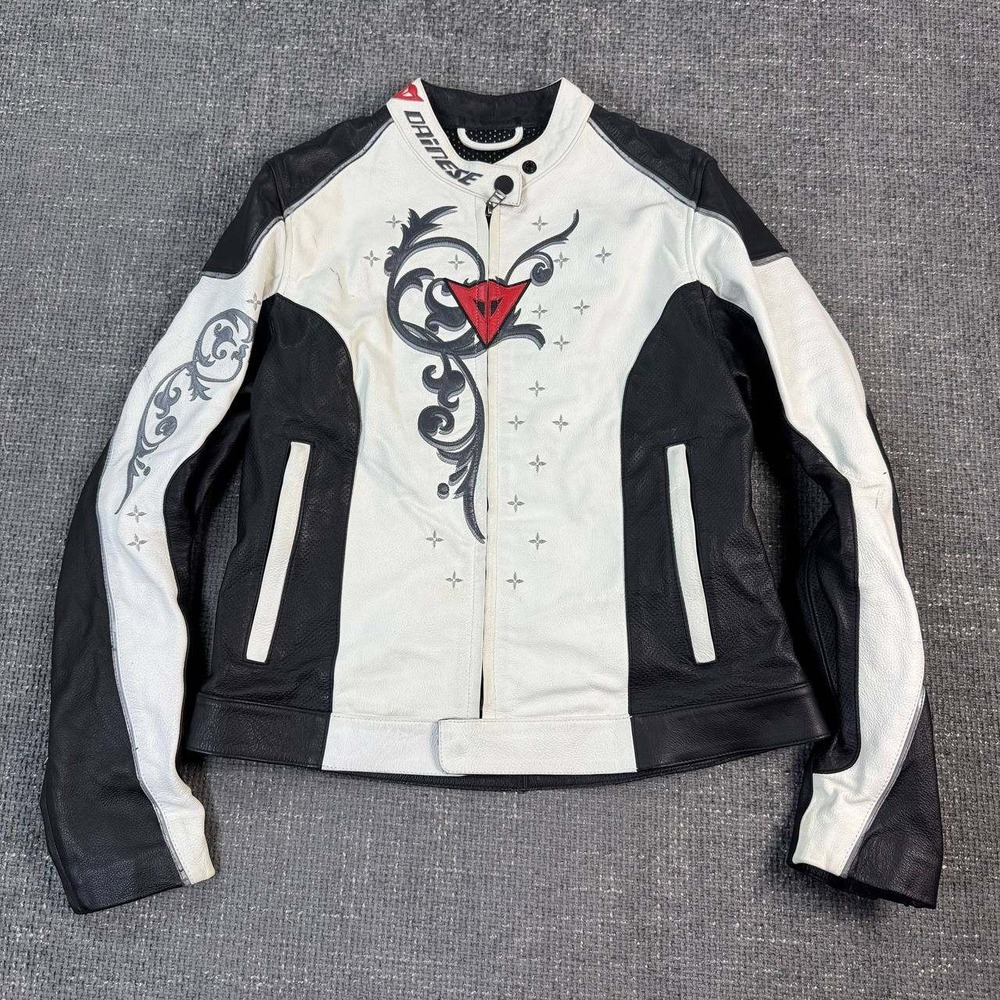 Dainese Leather Racing Jacket Womens 44 Black White Filigree Biker Moto Y2K